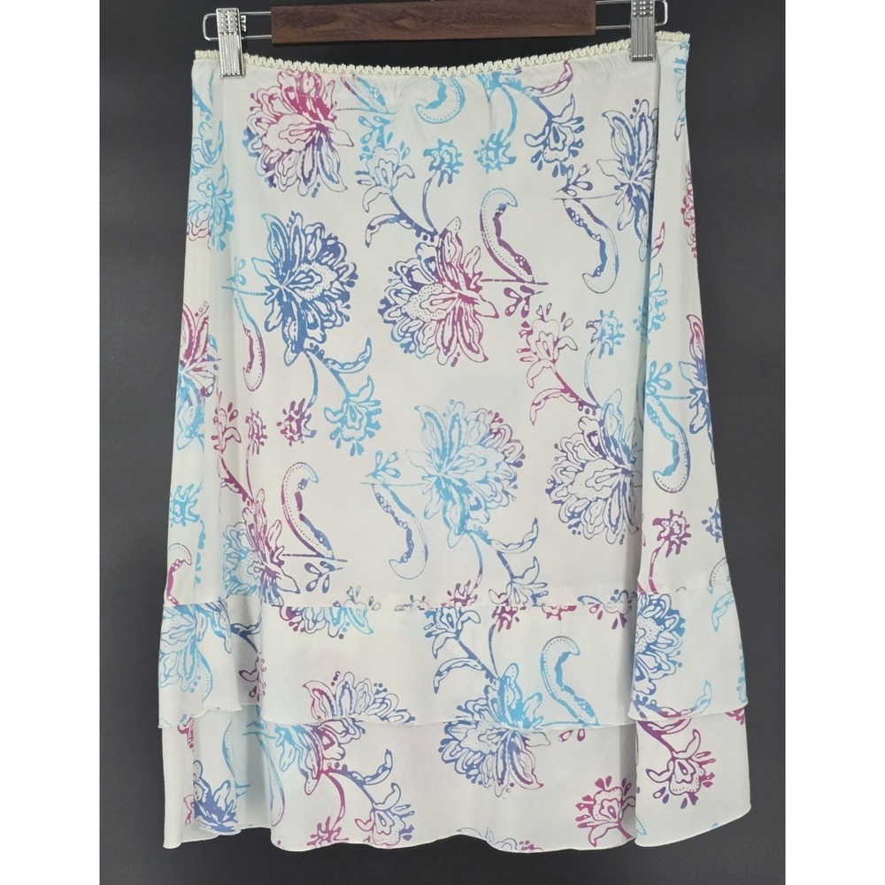 Santiki Women's Floral Midi Skirt Blue Pink Elastic Waist Boho Cottagecore - Picture 2 of 12